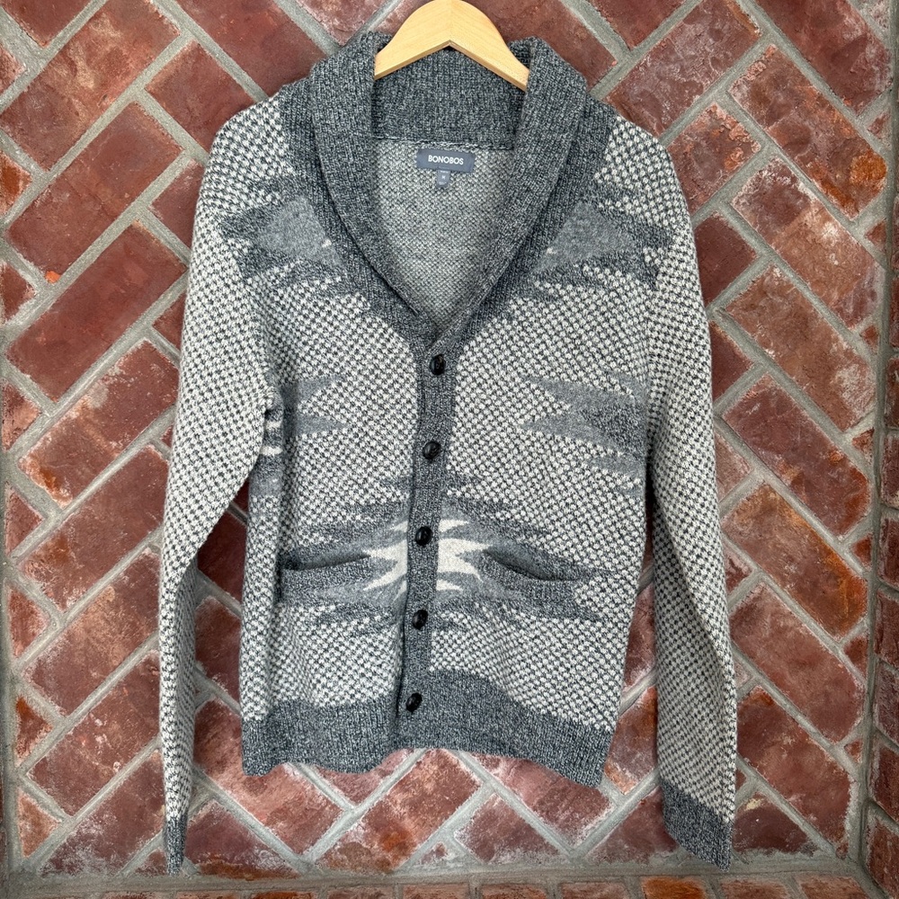 Bonobos Cardigan Sweater Gray Nordic Shawl Collar Lambswool Aztec Size Medium